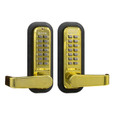 Lockey 2835 Double Combination Mechanical Keyless Lever Handle Lock with Passage Function in Bright Brass, both interior and exterior sides shown