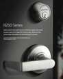 Schlage B250 Series deadbolt installed in a door alongside an ND Series lever handle, 626 satin chrome finish – in-use application view