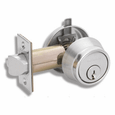 Schlage B250 Single Cylinder Deadbolt – exterior keyed cylinder and interior thumbturn shown, satin chrome finish, with latch bolt assembly