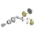 Schlage B560 Single Cylinder Deadbolt in 626 Satin Chrome, shown disassembled with latch, strike plate, and keyed exterior cylinder