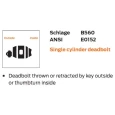 Schlage B560 Single Cylinder Deadbolt in 626 Satin Chrome, shown disassembled with latch, strike plate, and keyed exterior cylinder