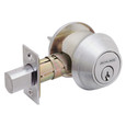 Schlage B560 Single Cylinder Deadbolt in 626 Satin Chrome, shown disassembled with latch, strike plate, and keyed exterior cylinder