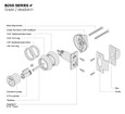 Schlage B250 Series Grade 2 deadlatch exploded assembly diagram showing mounting screws, inside thumbturn with holdback, 7/16 in. hardened steel inserts, trim rings, cylinder housing, cylinder, tailpiece, deadlatch with 9/16 in. throw, box strike, and mounting hardware