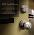 Schlage B600/700/800 Series commercial deadbolt lifestyle image showing B600 Grade 1 deadbolt installed on commercial door in Satin Chrome finish