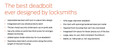 Schlage B500 Series deadbolt feature list including adjustable backset, anti-pry shield, 10% larger diameter deadbolt, and UL 10B/10C compliance