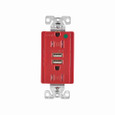 Eaton TR8255RD combination USB charger with duplex receptacle, Tamper resistant, 15A, Flush mount, 125 Vac, 5 Vdc, Wire leads, Red, Brass, 5-15R, Two-pole, three-wire, grounding, Decorator, Thermoplastic