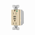 Eaton TR8255V combination USB charger with duplex receptacle, Tamper resistant, 15A, Flush mount, 125 Vac, 5 Vdc, Wire leads, Ivory, Brass, 5-15R, Two-pole, three-wire, grounding, Decorator, Thermoplastic