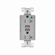 Eaton TR8355GY combination USB charger with duplex receptacle, Tamper resistant, 20A, Flush mount, 125 Vac, 5 Vdc, Wire leads, Gray, Brass, 5-20R, Two-pole, three-wire, grounding, Decorator, Thermoplastic