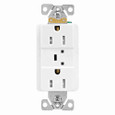 Eaton TR5262WS-SP-L TVSS receptacle, LED indicat and alarm, #14 - #10 AWG, 15A, Comm specif, Wall/flush mnt, Bk and sd wire, 840J, 2 recept, -40° to 60°C, Wht, Brs, Strght blade, Hi-impct resist thermpls/nylon, 5-15R, Dplx 756832 756832