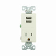 Eaton TR7741LA-BOX combination USB charger with receptacle, Tamper resistant, 15A at 125 Vac, 2.4A at 5 Vdc, Flush mount, 125 Vac, 5 Vdc, Side wiring, Light almond, Brass, 5-15R, Two-pole, three-wire, grounding, Decorator, Thermoplastic
