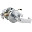 Schlage ND80EU Storeroom Lock Electrically Unlocked Fail Secure Grade 1 Cylindrical Lever Lock - Satin Chrome finish, Athens lever, showing keyed cylinder, electrical wiring leads, latchbolt, and strike plate