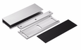 Alarm Controls GDH Glass Door Holder, clear anodized finish, disassembled view showing top clamp, mounting plate, and rubber gasket