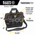 Klein Tools 55431 Tool Bag, Tradesman Pro™ Lighted Tool Bag, 31 Pockets, 15-Inch