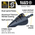 Klein Tools QRST15 Step Drill Bit, Quick Release, Double Spiral Flute, 7/8 to 1-3/8-Inch