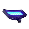 EXO Lightscaper RGBW Linear LED Floodlight in bronze finish, illuminated in blue, showing curved die-cast aluminum housing, glass lens, and knuckle ball mount - 17W, 1950 lumens, 10-color switchable output, wet location rated