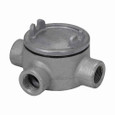 Crouse-Hinds GUAT59 SA Eaton series Condulet GUA conduit outlet box with cover, 5" cover opening diameter, Copper-free aluminum, T shape, 1-1/2"
