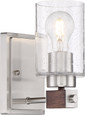 NUVO Lighting 60-6961 Arabel, 1-Light, Vanity, Brushed Nickel and Nutmeg Wood Finish with Clear Seeded Glass