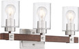 NUVO Lighting 60-6963 Arabel, 3 Light, Vanity, Brushed Nickel and Nutmeg Wood Finish with Clear Seeded Glass