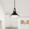 NUVO Lighting 60-7645 Zelda, 1-Light Pendant, Medium Base, 60W, Black Finish, Black Metal Shade, Faux Leather Straps