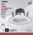 Satco Lighting SAT-S9729 7.5 watt LED Downlight Retrofit - 4'' Baffle - 3000K - GU5.3 socket for MR16 retrofit - 12 volts