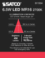 SATCO Lighting S11334 6.5W, MR16 LED, 2700K, GU5.3 Base, 25 degree Beam Angle, 12V