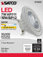 SATCO Lighting S12244 7W, AR111, COB LED, 520 Lumens, G53 Base, 80 CRI, 3000K, 12V, 12 degree Spotlight Bulb