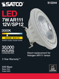 SATCO Lighting S12244 7W, AR111, COB LED, 520 Lumens, G53 Base, 80 CRI, 3000K, 12V, 12 degree Spotlight Bulb
