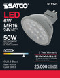 SATCO Lighting S11343 6W, MR16 LED, 5000K, GU5.3 Base, 40 degree Beam Angle, 24V