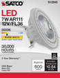 SATCO Lighting S12245 7W, AR111, COB LED, 600 Lumens, G53 Base, 80 CRI, 3000K, 12V, 36 Degree, Floodlight Bulb