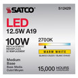 Satco Lighting SAT-S12429 12.5 Watt LED A19 - Clear - Medium Base - 2700K - 90 CRI - 120 Volt