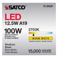 SATCO Lighting S12429 12.5W LED A19, Clear, Medium Base, 2700K, 90 CRI, 120V