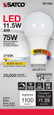 SATCO Lighting S21324 11.5W, A19 LED, 90CRI, 2700K, GU24 Base, 220 degree Beam Angle, 120V, 1100 Lumens, CEC