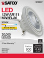 SATCO Lighting S12247 12W, AR111, COB LED, 900 Lumens, G53 Base, 80 CRI, 3000K, 12V, 36 Degree, Floodlight Bulb