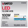 SATCO Lighting S12432 12.5W LED A19, Clear, Medium Base, 5000K, 90 CRI, 120V