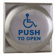 Camden CM-41 Series All-Active Switch, 4-1/2"  Round Push Plate Switch with Square Back Plate, SPDT Wheelchair/PUSH TO OPEN, Blue Text