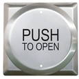 Camden CM-41 Series All-Active Switch, 4-1/2"  Round Push Plate Switch with Square Back Plate, SPDT Wheelchair/PUSH TO OPEN, Blue Text