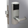 Dormakaba RT PLUS RFID Standalone Mortise Lock installed on door edge, Satin Chrome finish, showing mortise bolt and strike plate engagement