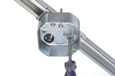 Arlington Industries FBRS415 Steel Fan and Fixture Box close-up showing octagonal box face, knockout, and screwdriver adjusting mounting bracket