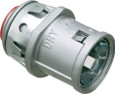 Arlington Industries Tool-Free MC Cable Connector, Zinc Die-Cast, Silver Finish — front view showing tool-free locking mechanism and DRY ONLY marking