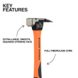 Klein Tools H80918 Smooth Face Fiberglass Hammer, 18-Ounce