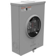 Milbank U8173 200A 1-Phase Ringless Meter Socket - closed door, right-side angle view showing enclosure depth, conduit knockouts, and barrel lock