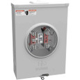 Milbank U8173 200A 1-Phase Ringless Meter Socket - open door front view showing meter jaw, terminal assembly, horn bypass, and danger warning labels