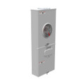Milbank U3791N-RXL-200-BL G90 Galvanized Steel Ringless Meter Socket with 200A Main Breaker and Lever Bypass - closed three-quarter front view showing meter socket window and lower breaker compartment door
