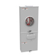 Milbank U3791N-RXL-200-BL G90 Galvanized Steel Ringless Meter Socket with 200A Main Breaker and Lever Bypass — closed front view showing ringless meter socket window, bypass lever, and utility warning labels