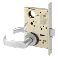 Sargent LC-8200 Mortise Lock with LN Rose Design, J Lever, 26D Satin Chromium finish, field-reversible, less cylinder — front view showing mortise case and lever