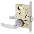 Sargent LC-8200 Mortise Lock with LN Rose Design, B Lever, 26D Satin Chromium finish, field-reversible, less cylinder — front view showing mortise case and lever
