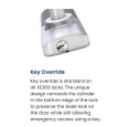 Schlage XE360 product configuration and ordering matrix reference chart showing function, reader, lever style, finish, cylinder, keyway, backset, latch, door thickness, and accessories options