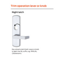 Von Duprin 996L-NL night latch trim operation diagram showing key retracts latch bolt with rigid lever, storeroom function for 98/99 Series Exit Devices