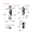 Von Duprin 5100 Series electric strike dimensional drawing showing body, faceplate, and aluminum frame dimensions in inches and millimeters