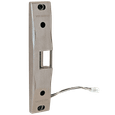 Von Duprin 6300 surface mounted electric strike for rim exit devices, satin stainless finish, front and side view showing latch pocket and wiring connector